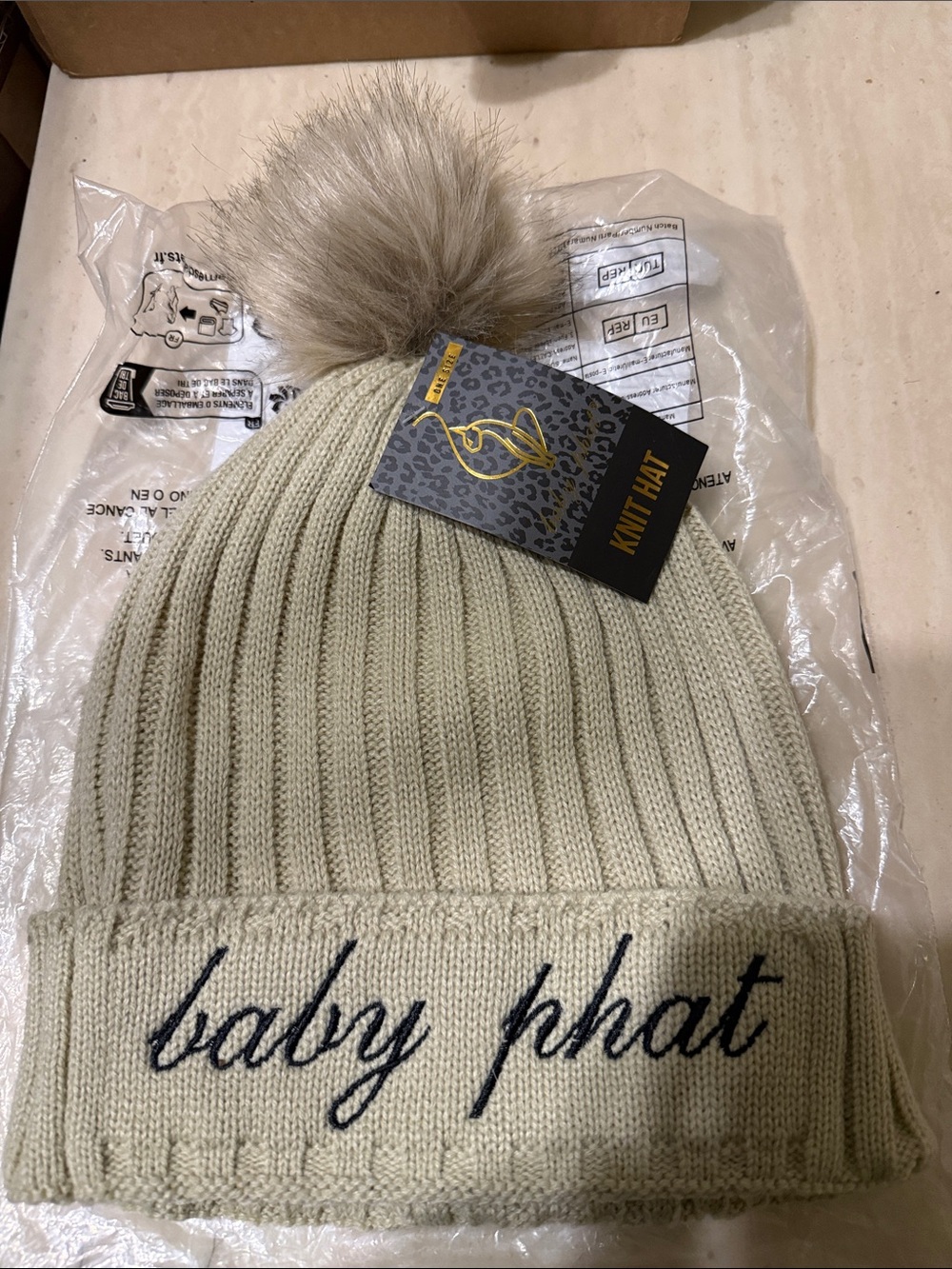 Baby Phat Ribbed Knit Pom Beanie in Cream
